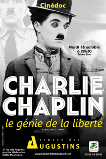 Projection du film "Projection du film "Charlie Chaplin, le génie de la liberté" à l'espace des Augustins " à l'espace des Augustins Affiche du film "Projection du film "Charlie Chaplin, le génie de la liberté" avec une image de Charlie Chaplin qui regarde sur le côté et plusieurs informations