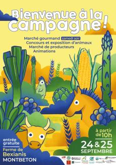 Affiche de l'évènement : Bienvenue à la campagne Affiche de l'évènement : Bienvenue à la campagne avec des dessins de chevaux, de vaches, de poules, de végétaux et les informations sur cet évènement